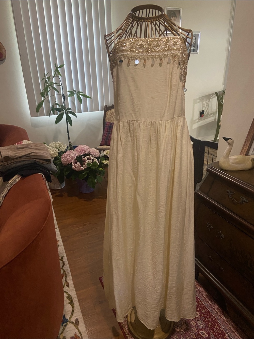 Beaded Trim Cream Maxi Dress - Elegant Boho Summer Gown